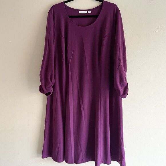 Susan Graver Plus Size 3X Midi A Line Dress Woman Ruch 3/4 Sleeve Purple Magenta - Picture 1 of 9